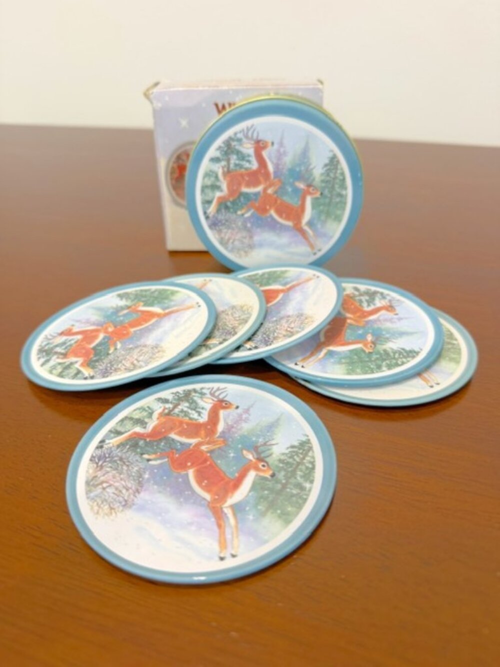 VTG JSNY Cottagecore Winter Deer Coasters 6pc Set With Tin.